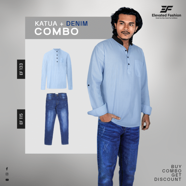 Premium Katua & Denim Jeans Combo - (White Stripe Katua & Deep Blue Jeans) - EF-115/133