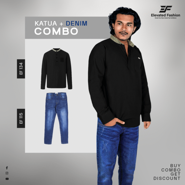 Premium Katua & Denim Jeans Combo - (Black Katua & Deep Blue Jeans) - EF-115/134