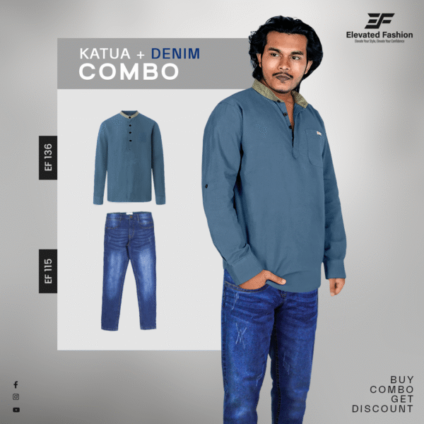 Premium Katua & Denim Jeans Combo - (Navy Blue Katua & Deep Blue Jeans) - EF-115/136