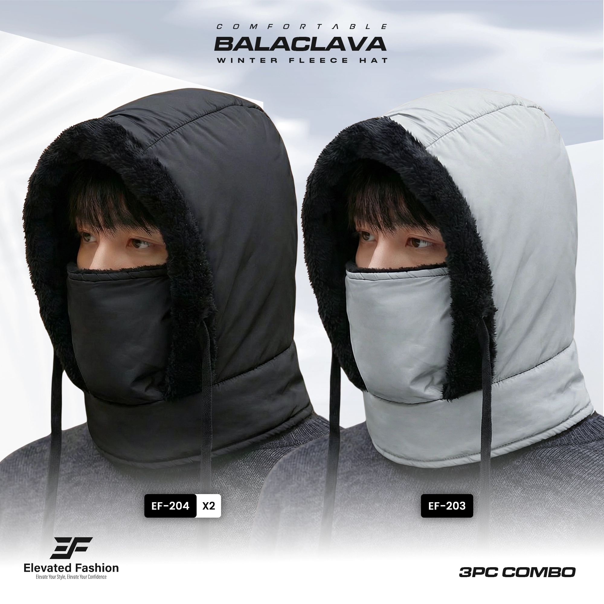 Combo of Balaclava Winter Hat - 3 Pcs - (Ash, Black & Black) - EF-203/204/204