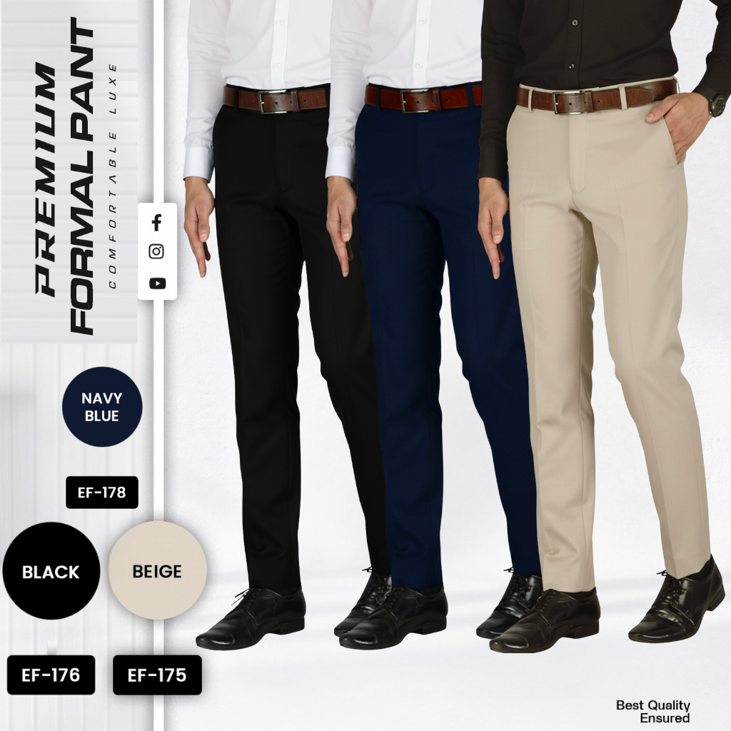 3 Pcs Combo of Premium Formal Pant - (Black, Navy Blue & Beige) - EF175/176/178