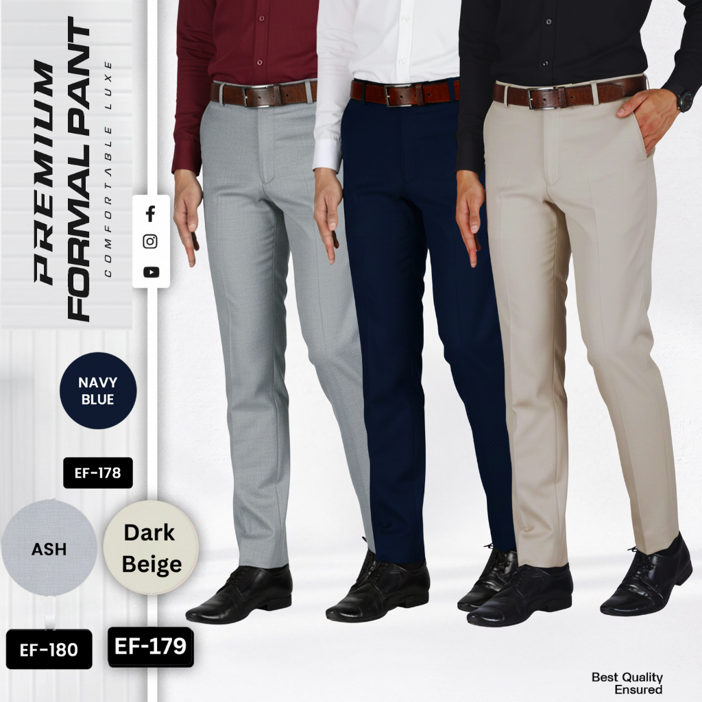 3 Pcs Combo of Premium Formal Pant - (Ash, Navy Blue & Dark Beige) - EF178/179/180