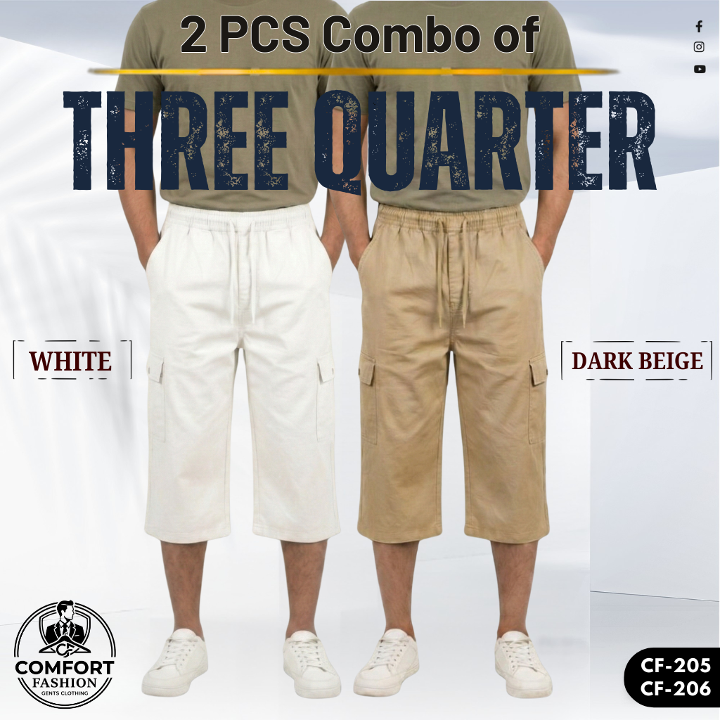 Premium Three Quarter Pant - Combo of 2 - (White & Dark Beige) - CF-205/206