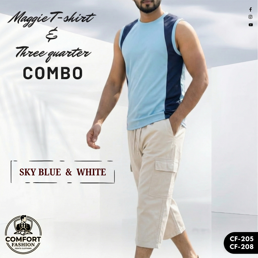 Premium Maggie T-shirt & Three Quarter Combo - (Sky Blue & White) - CF-205/208