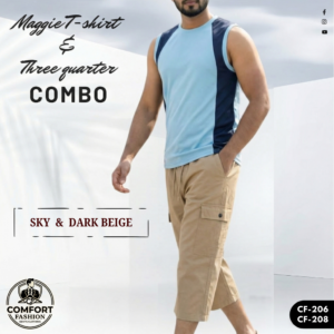 Premium Maggie T-shirt & Three Quarter Combo - (Sky Blue & Dark Beige) - CF-206/208