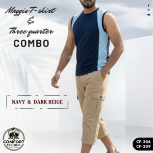 Premium Maggie T-shirt & Three Quarter Combo - (Navy Blue & Dark Beige) - CF-206/209