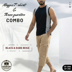 Premium Maggie T-shirt & Three Quarter Combo - (Black & Dark Beige) - CF-206/210