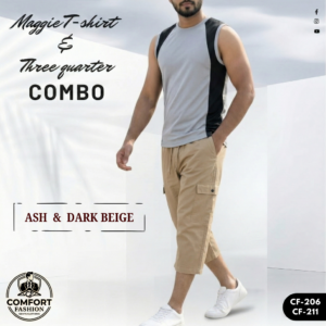 Premium Maggie T-shirt & Three Quarter Combo - (Ash & Dark Beige) - CF-206/211
