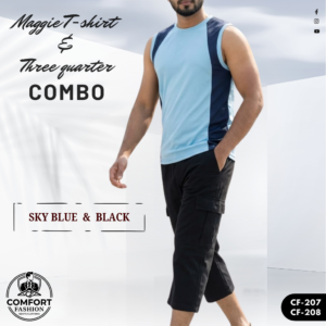 Premium Maggie T-shirt & Three Quarter Combo - (Sky Blue & Black) - CF-207/208