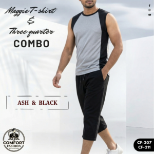 Premium Maggie T-shirt & Three Quarter Combo - (Ash & Black) - CF-207/211