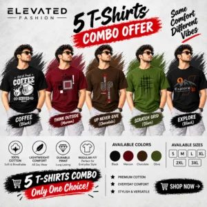 Premium Cotton Graphic T-shirt - Combo of 5 - (Black, Maroon, Chocolate, Olive & Black) - EF-216/217/218/219/220