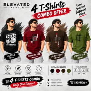Premium Cotton Graphic T-shirt - Combo of 4 - (Black, Maroon, Chocolate & Olive) - EF-216/217/218/219