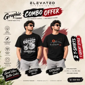 Premium Cotton Graphic T-shirt - Combo of 2 - (Black & Black) - EF-216/220