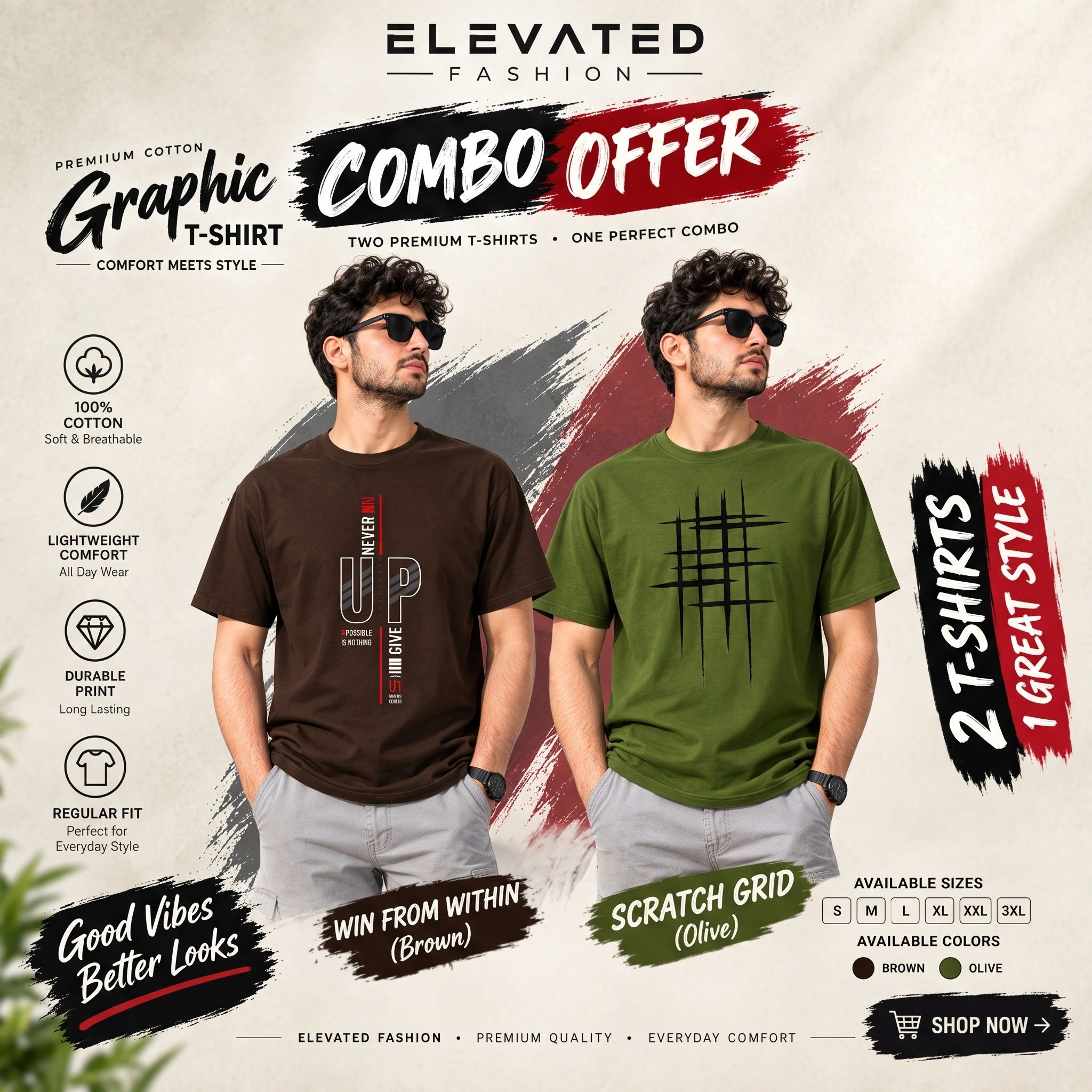 Premium Cotton Graphic T-shirt - Combo of 2 - (Chocolate & Olive) - EF-218/219