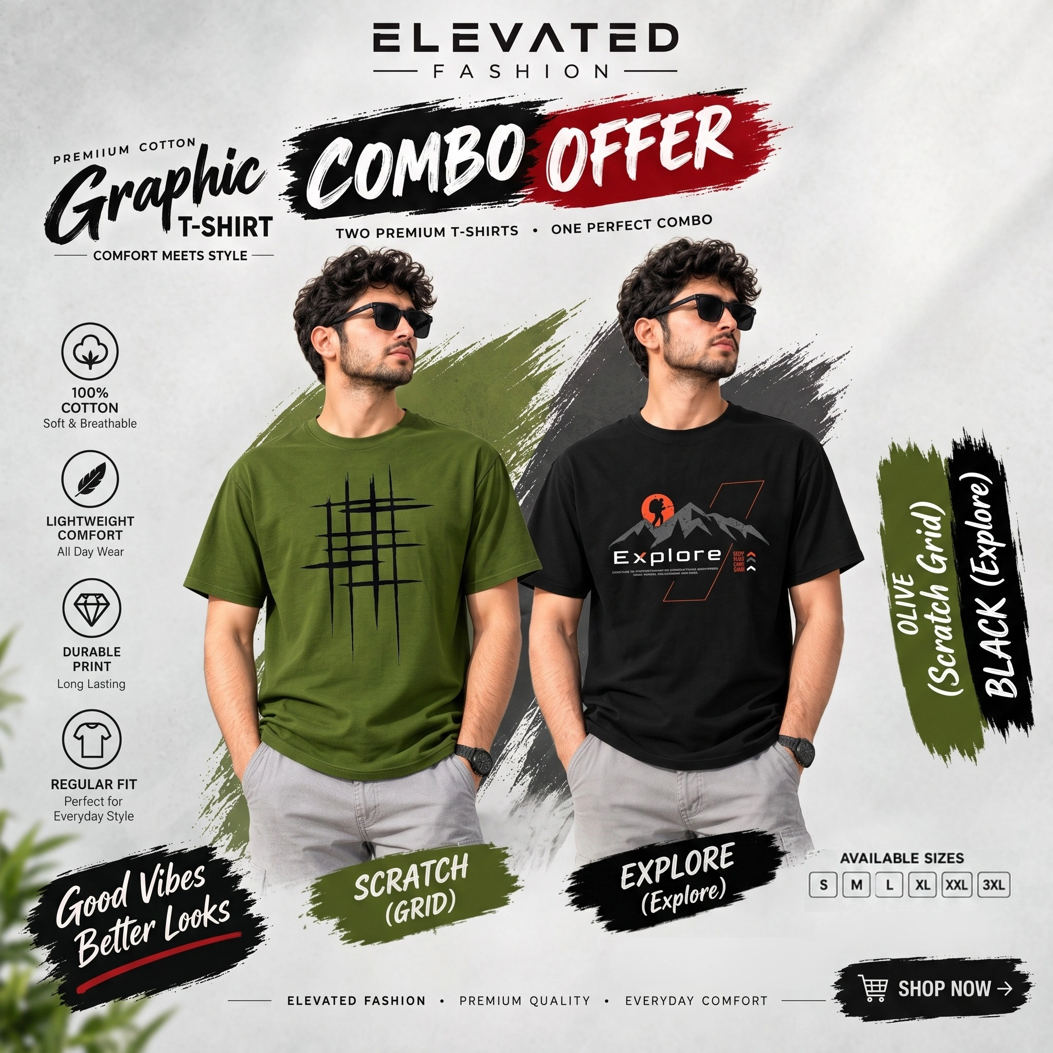 Premium Cotton Graphic T-shirt - Combo of 2 - (Chocolate & Black) - EF-219/220