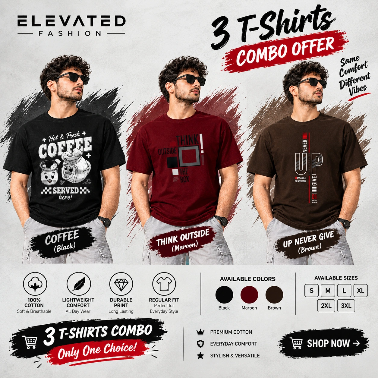 Premium Cotton Graphic T-shirt - Combo of 3 - (Black, Maroon & Chocolate) - EF-216/217/218