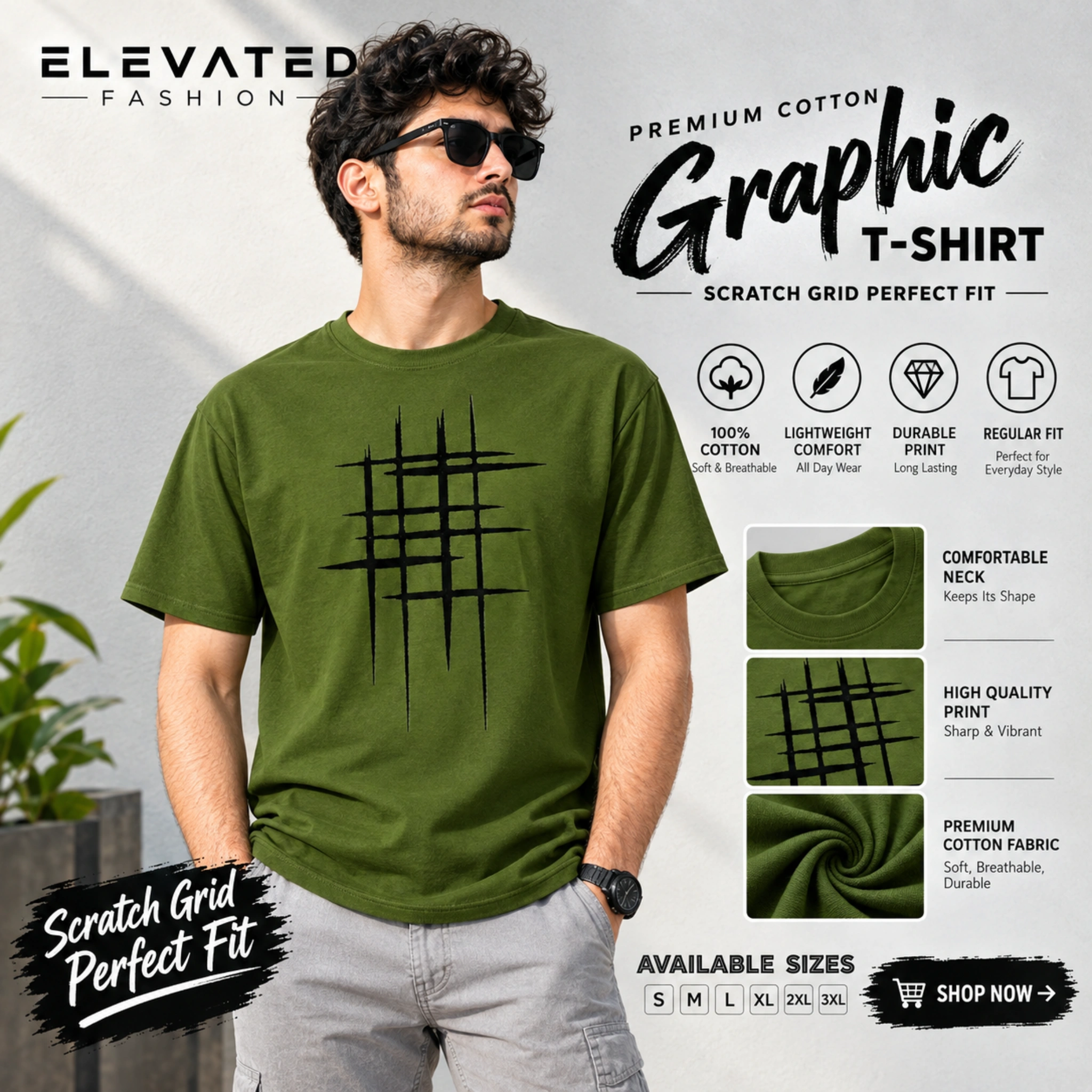 Premium Cotton Graphic T-shirt - (Olive) - EF219