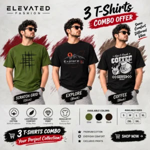 Premium Cotton Graphic T-shirt - Combo of 3 - (Olive, Black & Black) - EF-216/219/220
