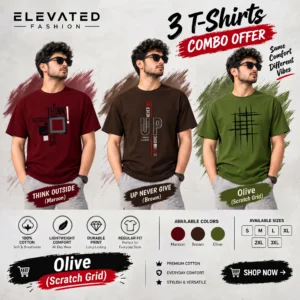 Premium Cotton Graphic T-shirt - Combo of 3 - (Maroon, Chocolate & Olive) - EF-217/218/219